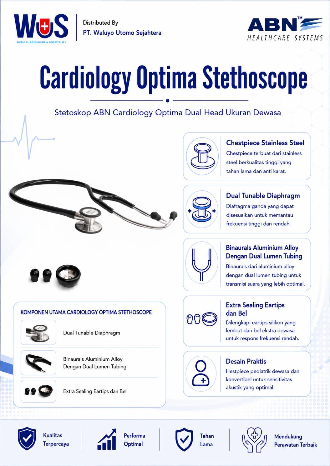 Stetoskop ABN Cardiology Optima Dual Head — Ukuran Dewasa